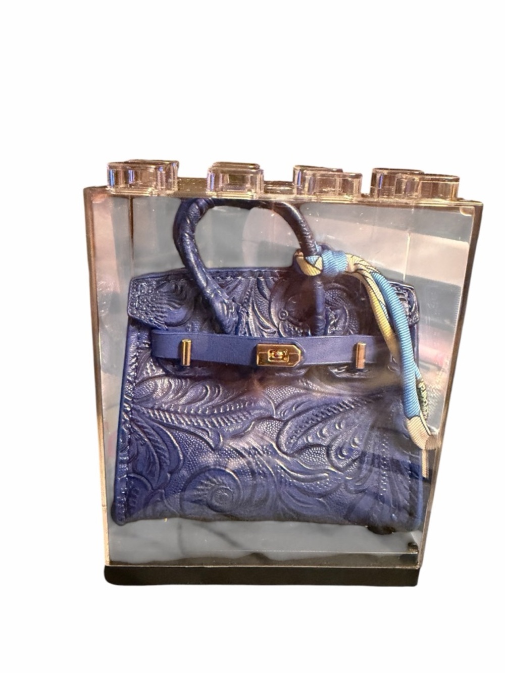 Embossed Navy Blue Leather Satchel with Scarf Accent - Picture 5 of 7